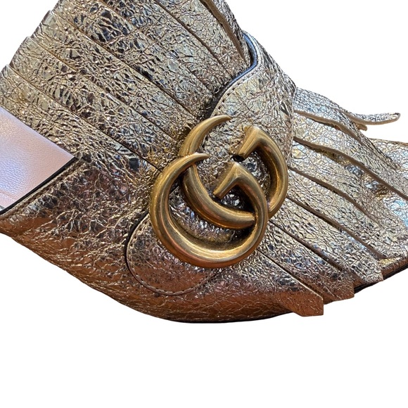 Gucci GG Marmont Metallic Gold Fringe Mule Sandals - Picture 12 of 15